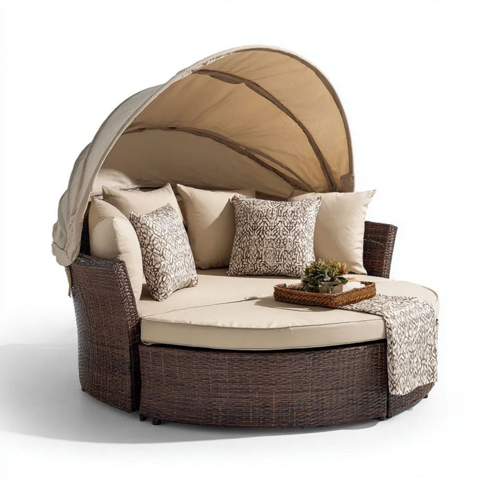 Dwuosobowe łóżko ogrodowe z baldachimem, brązowo-beżowe, rattan PE i poliester, 180 × 160 × 150 cm