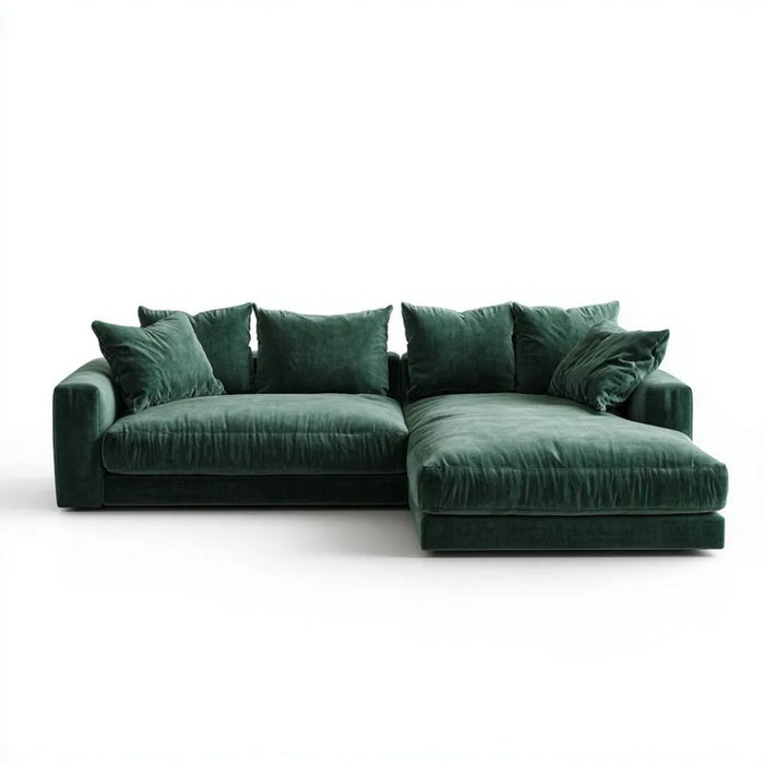 Ciemnozielona sofa narożna z prawostronnym szezlongiem, aksamitowa, 260 x 160 x 85 cm