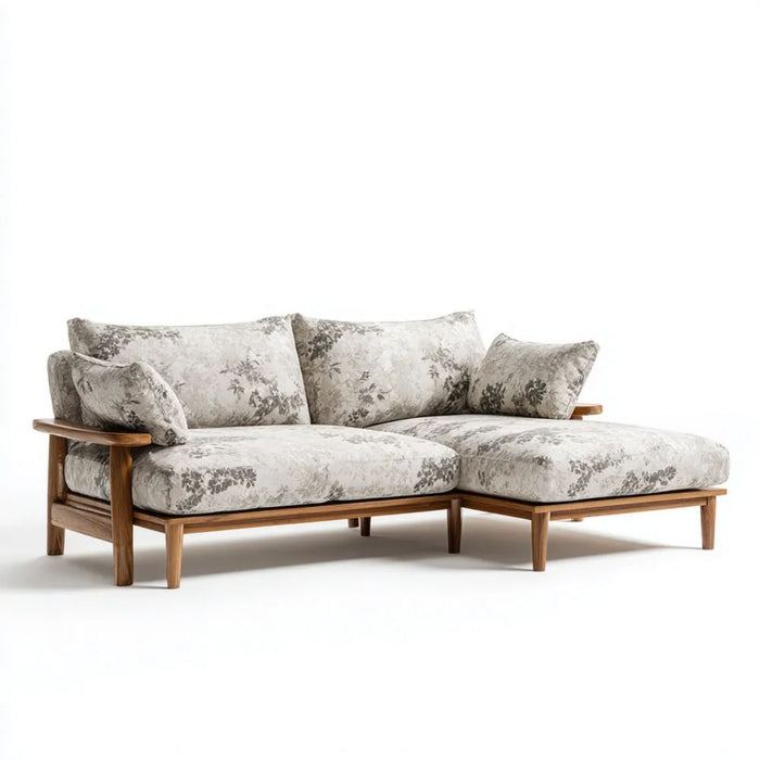 Lewostronna drewniana sofa narożna L z szezlongiem, beżowo-szaro-brązowa, 250 x 160 x 82 cm
