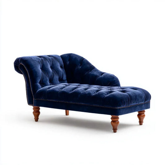 Granatowy szezlong wypoczynkowy z aksamitu w stylu chesterfield, 170 x 80 x 85 cm